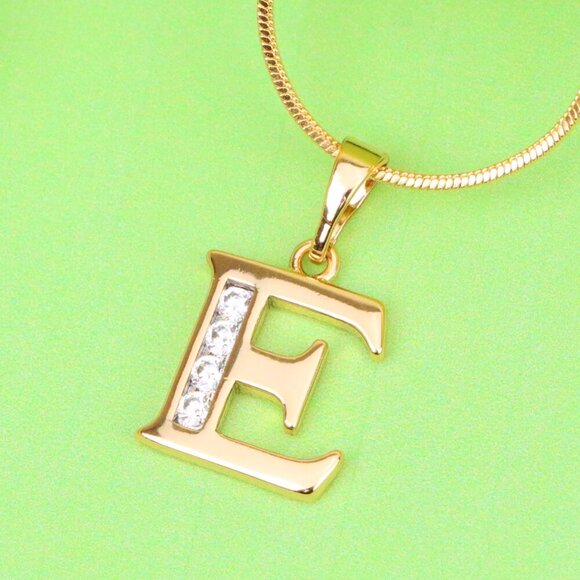 "Rose Gold Letter E Pendant with Crystals – 18K Gold Plated Charm, XPPT1354 - Picture 1 of 13